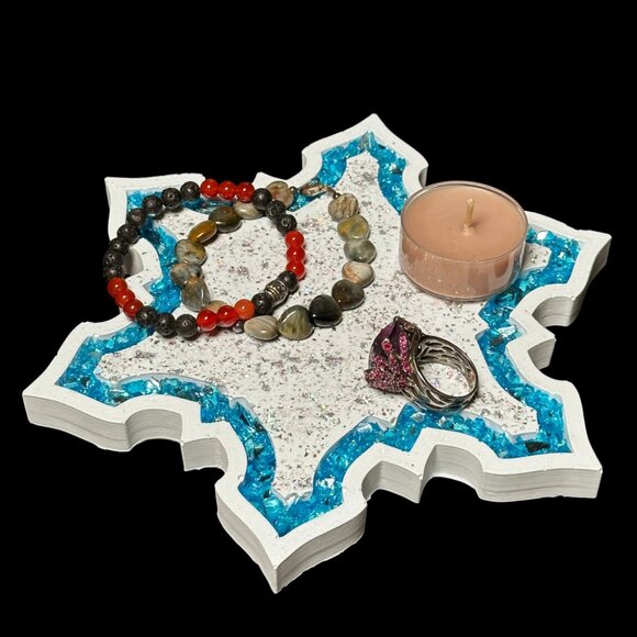 Blue Snowflake Eco Resin Vanity Tray with Glass Border | Jewelry Tray - Picture 2 of 2